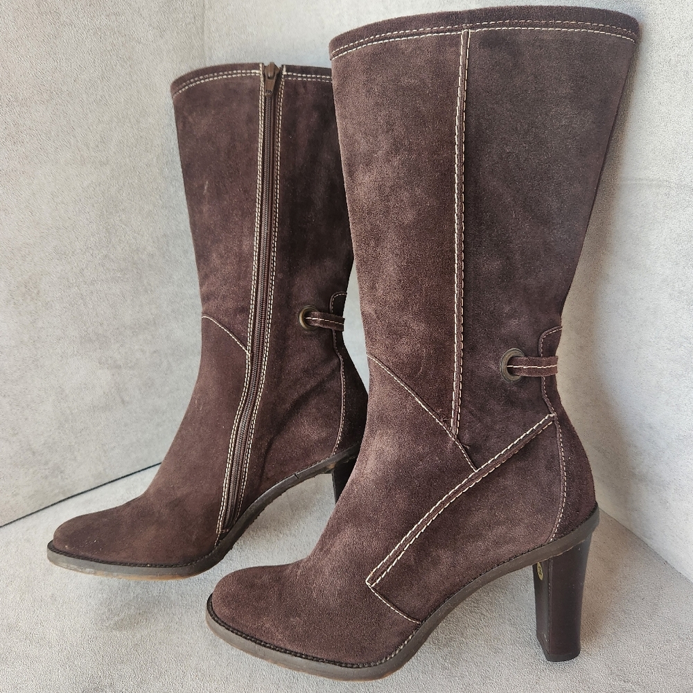 Faconnable heeled boots 8 brown suede Lea mid-calf luxury comfort Made in Italy